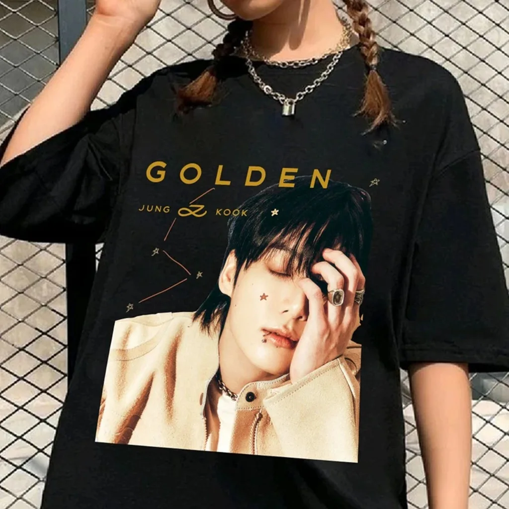 

Summer T-shirt Casual Vintage Women's Cotton Top Kpop Golden Graphic Tee Couple Fashion Round Neck Short Sleeve Clothes