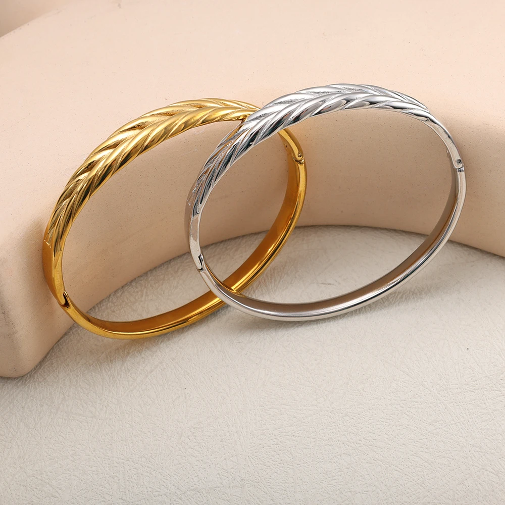 JOVO LOVE Trendy Woman's Stainless Steel Leaf Stripe Bangle Metal Texture Bracelet Allergic Proof Hand Decor Individual Jewelry 6
