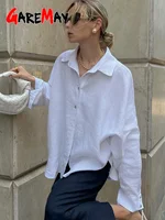 White Women's Linen Shirt Long Sleeve Elegant Pink Oversize Blouse Vintage Spring Basic Top Collar Cotton Linen Shirt for Women - Image 2