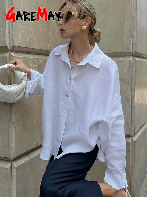 White Women's Linen Shirt Long Sleeve Elegant Pink