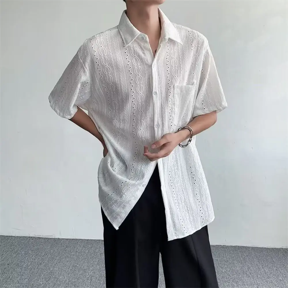 Fashion Retro Men's Floral Blouse Casual Solid Color Short Sleeve Shirts Loose Hollow Out Cardigan Shirts Men Boy