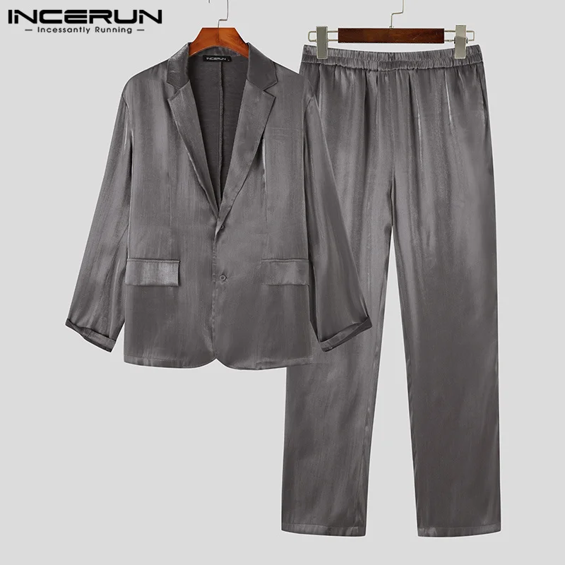 Stylish Casual Style Sets INCERUN New Mens Long Sleeve Suit Coat Long Pants Fashion Flash Fabric Solid Two Piece Sets S-5XL 2023