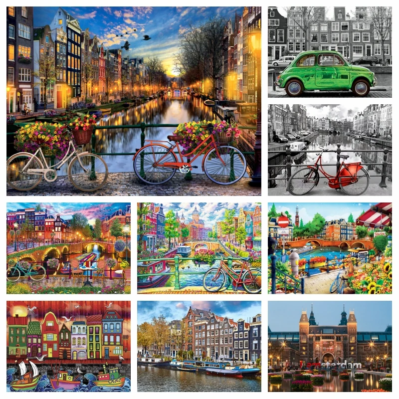 Netherlands Amsterdam Landscape Diamond Mosaic Painting AB Drills Canals With Tulips And Houses In Holland Cross Stitch Decor