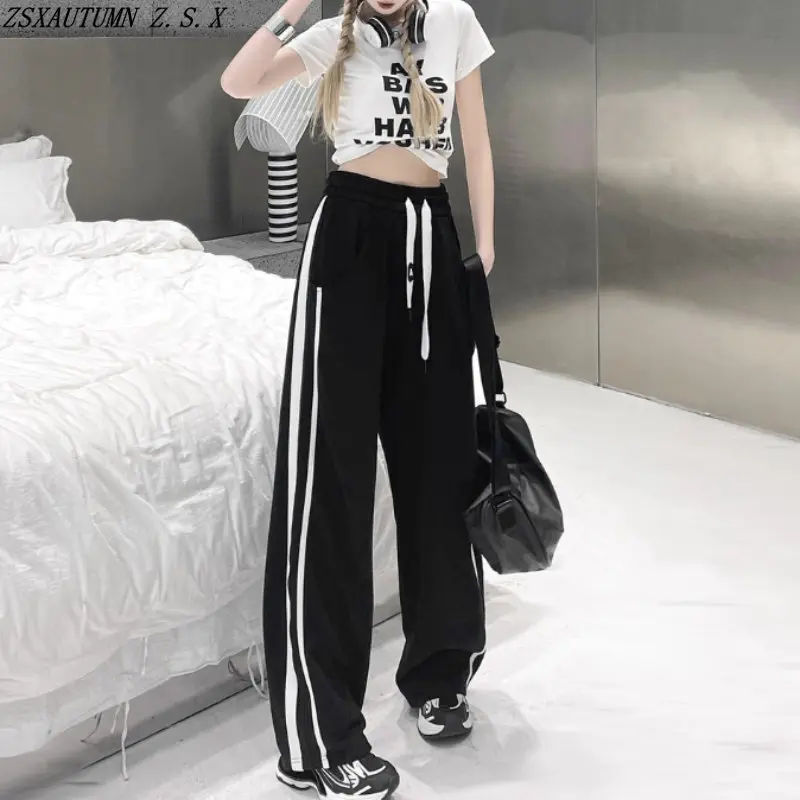 

American Trend Vertical Stripe Sports Pants Women's Spring Summer Loose Wild Vintage Wide Leg Casual Straight Trousers Female