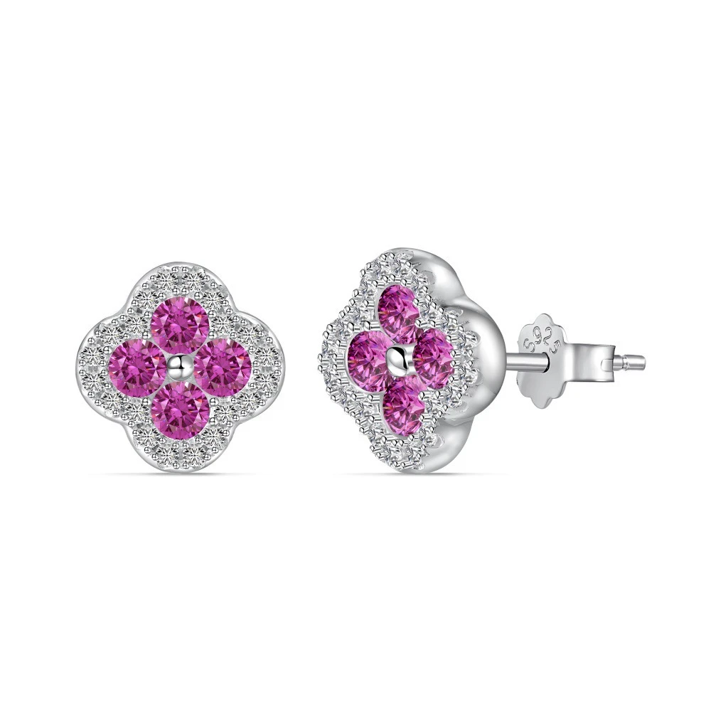Vinregem Lab Created Sapphire Gemstone Four-leaf Clover Ear Studs Earrings For Women 100% 925 Sterling Silver Jewelry Wholesale