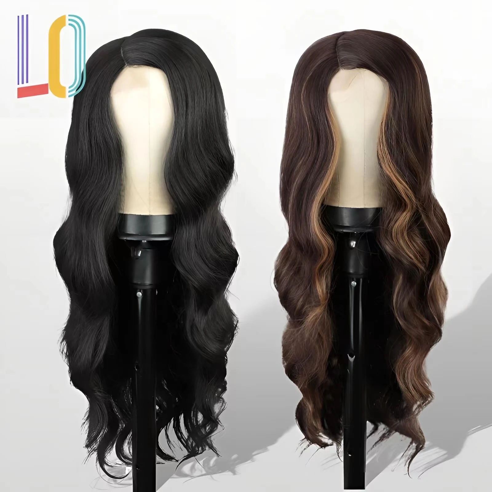 LO front lace wig long curly hair gradient colour black big wave 28 inches daily wear party wear synthetic simulation hair ocean colour scene very best of songs for the front row