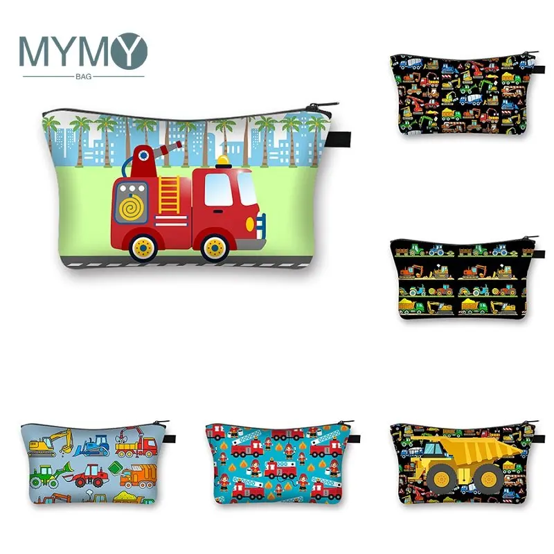 

Cute Engineering Vehicle Cosmetic Bag Kawaii Firetruck Excavator Bulldozer Print Makeup Bags Women Girl Beauty Toiletry Pouch
