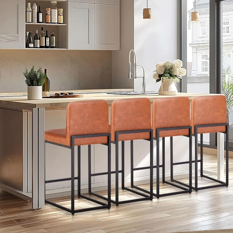 24&rdquo; Bar Stools Set of 4 Counter Height Bar Stool Pu Leather Kitchen Modern Stools with Backrest Upholstered Footrest Sturdy