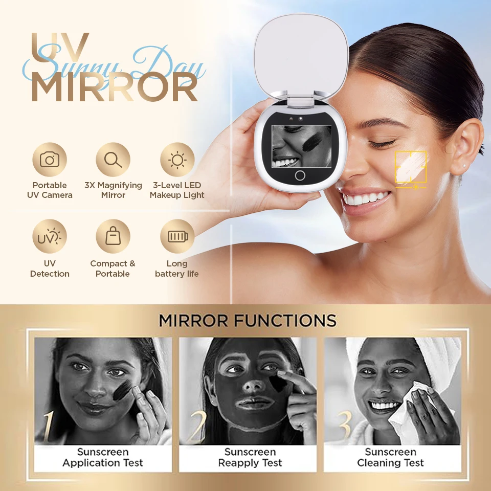 UV Mirror Sunscreen Test Camera Sun Protection Visualization Travel Makeup Mirror LED Light Compact Hand Mirror