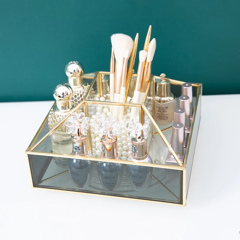 

Luxury Golden Jewelry Box Geometrical Clear Glass Storage Boxs Bracelets Earrings Cosmetic Organizer Make Up Container Acces