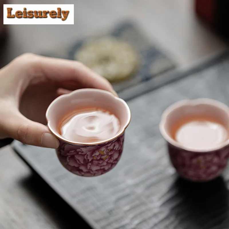 2pc/lot Pink Ru Kiln Peony Flower Mouth Teacup Aesthetic Tea Bowl Tea Cup Set Fragrance Cup Chazhan Tea Items Ornaments 55ML