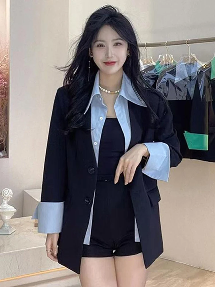

UNXX Blazer Women Spring Autumn New Versatile Black Long Sleeved Spliced Blazers Korean Fashion Casual Loose Women Office Coats