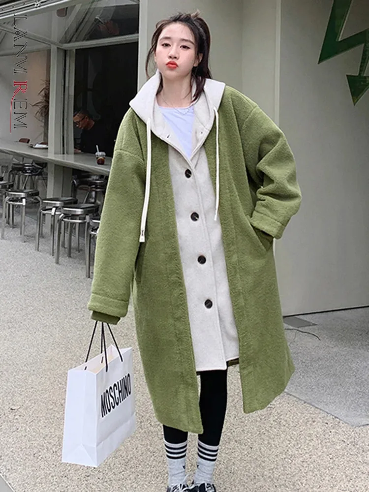 

LANMREM Contrast Color Spliced Lamb Fur Long Coat Hooded Thick Korean Style Warm Clothing Fashion 2023 Winter New 2AA3883