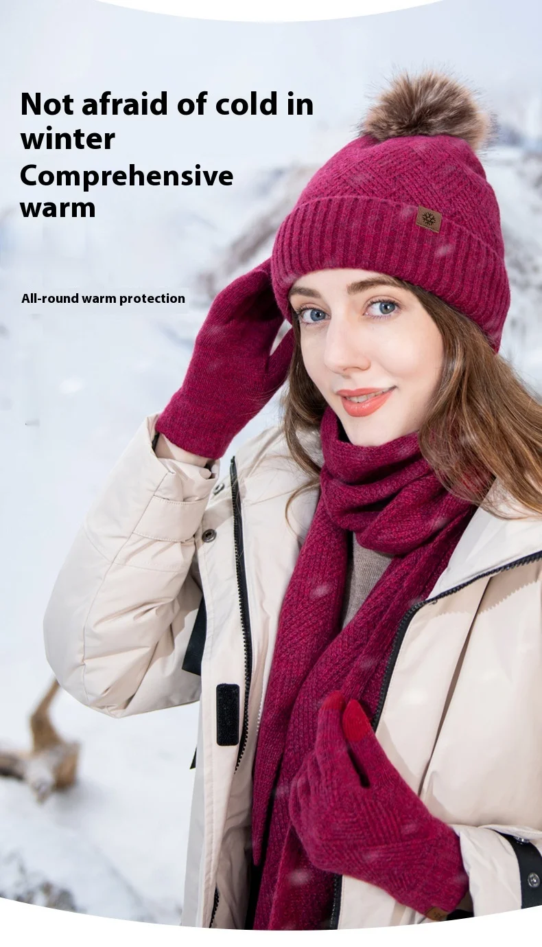 New Solid Color Wool Warm Hat Scarf Glove 3-piece Set Anti Cold Wool Ball And Velvet Knitted Set Women's Christmas Gift_voghion.com