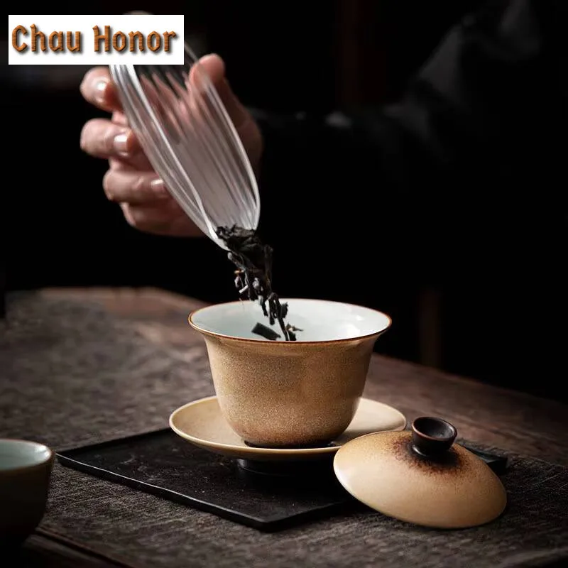 180ml Retro Kiln Change Coarse Pottery Gaiwan Aesthetic Tea Tureen Tea Bowl With Lid Kit Tea Brewing Cover Bowl Drinkware Gifts