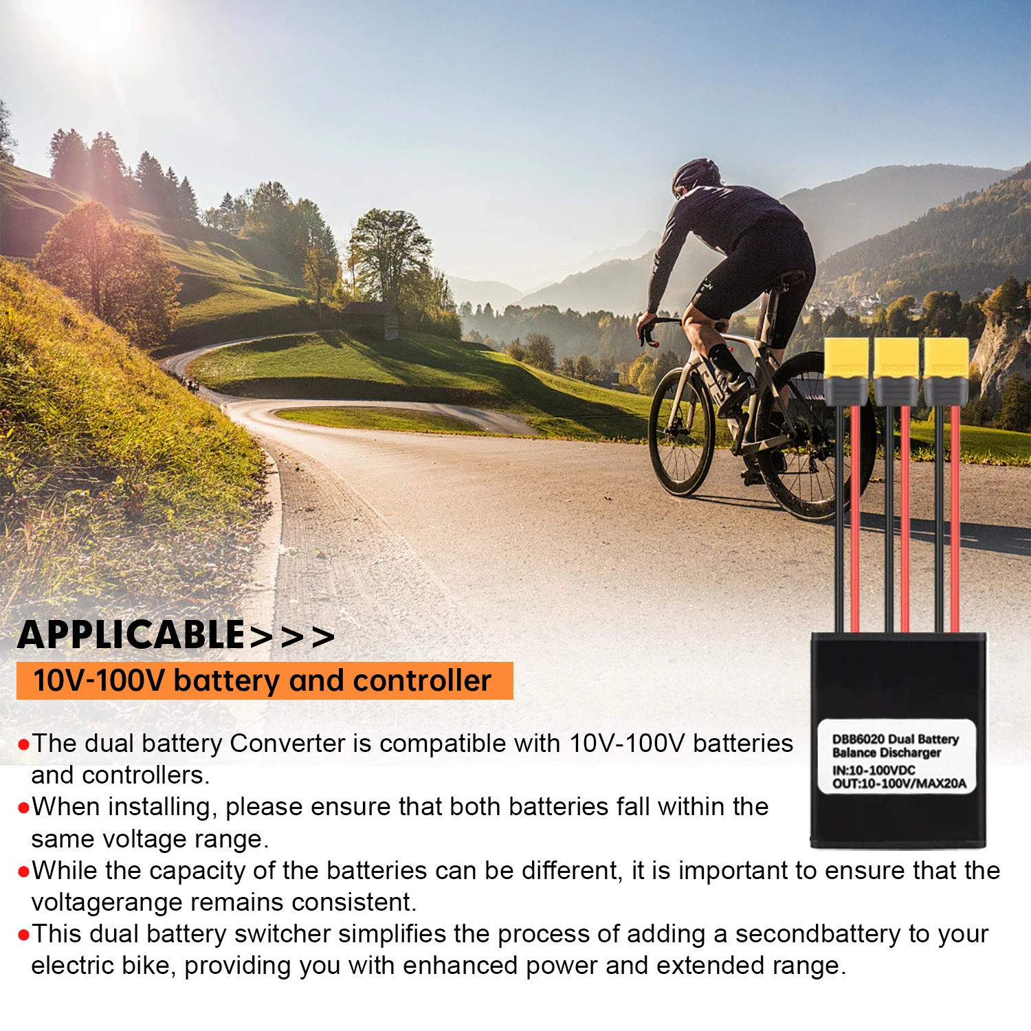 20A 10V-100V 전기 자전거 듀얼 배터리 방전 변환기, 동시 연결 어댑터, 밸런스드 방전 모듈, Ebike