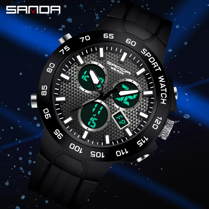 SANDA Brand Men Sports Watches Dual Display Analog Digital LED Electronic Quartz Wristwatches Waterproof Swimming Military Watch