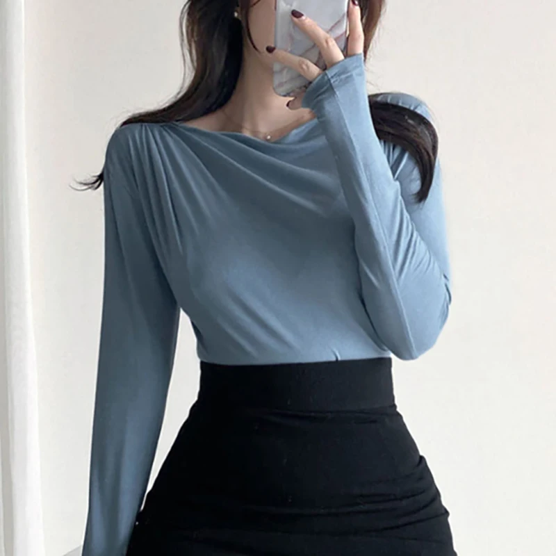 

Thin Long Sleeve Tees Korean Style Spring Autumn Sexy T Shirt Women Elasticity Woman Clothes Slim Tops Femme Camisetas De Mujer