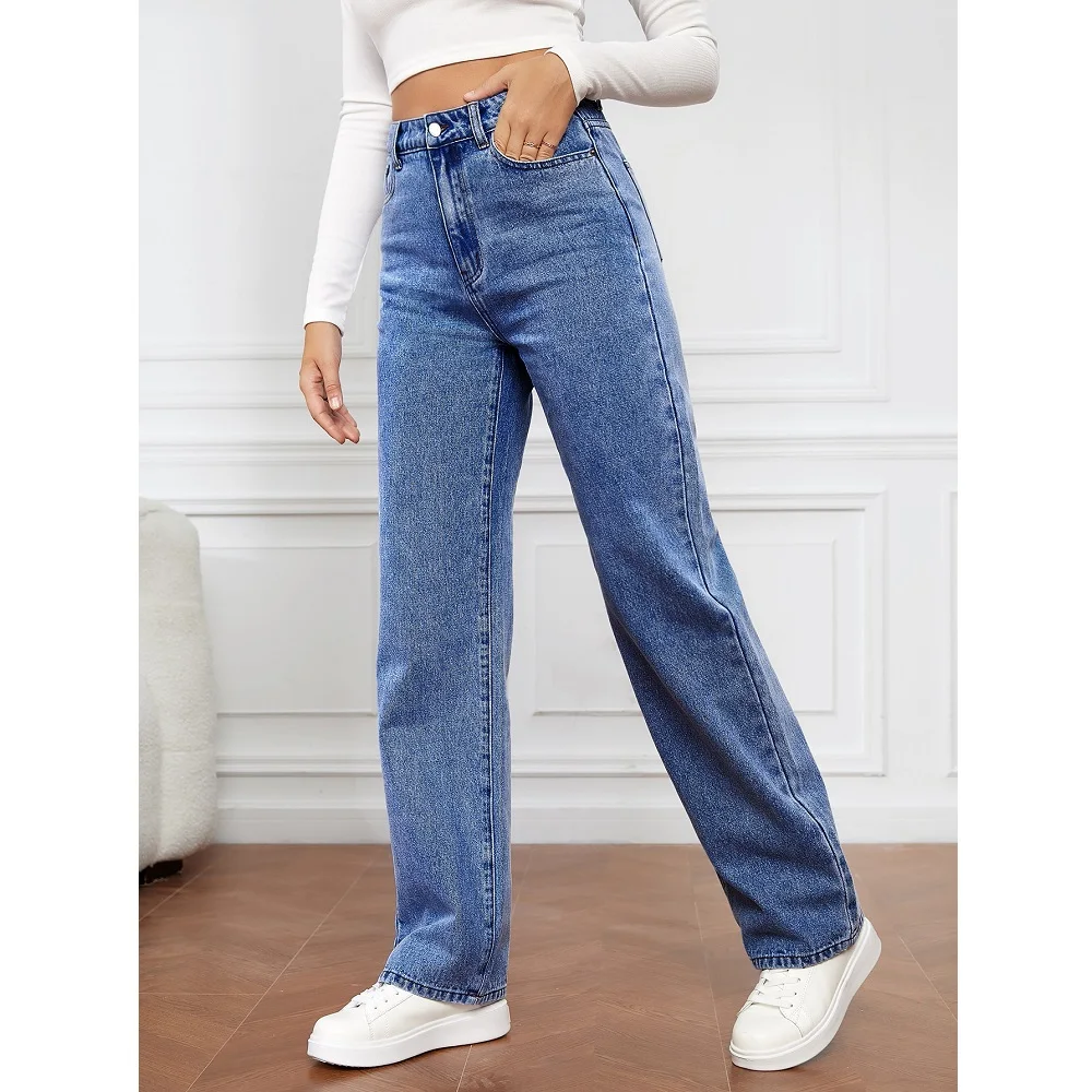 Women Denim Jeans Solid Stretch Straight Pants Ladies Casual Long Jean Trousers