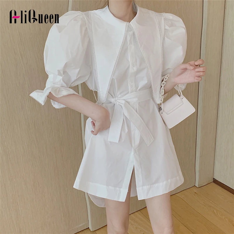 

Женское однотонное платье-рубашка с отложным воротником, полурукавами-фонариками и поясом