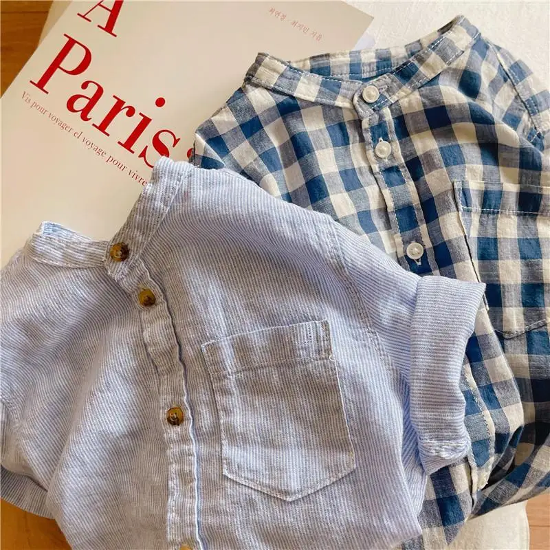 Children's Cotton Short-Sleeved Shirt Summer New Boys And Girls Striped Plaid Shirts With Pocket Baby Casual Loose Tops WT820