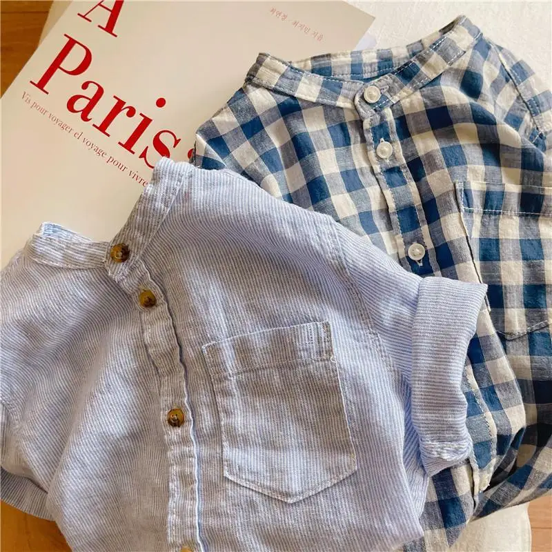 Children's Cotton Short-Sleeved Shirt Summer Boys And Girls Striped Plaid Shirts With Pocket Baby Casual Loose Tops WT820 boys short sleeve shirts