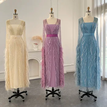 Luxury Dubai Feathers Light Yellow Evening Dresses with Cape Sleeves Arabic Purple Women Wedding Party Gowns 420 2