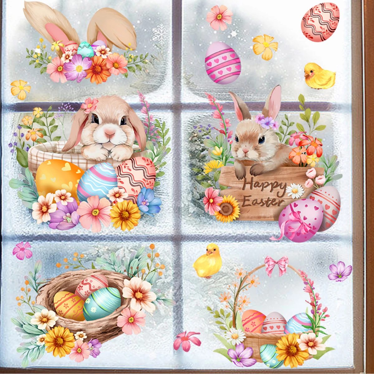 DIY Glass Art Decals Cute Rabbit Static Stickers Cartoon Eggs Flower Easter Window Clings For Spring Party Decor Supplies window stickers