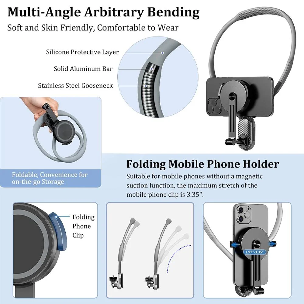 Magnetic Neck Mount Silicone Quick Release Holder for Mobile Phones iphone 12 13 14 15 16 Android Sumsung Video recording Stand phone clip