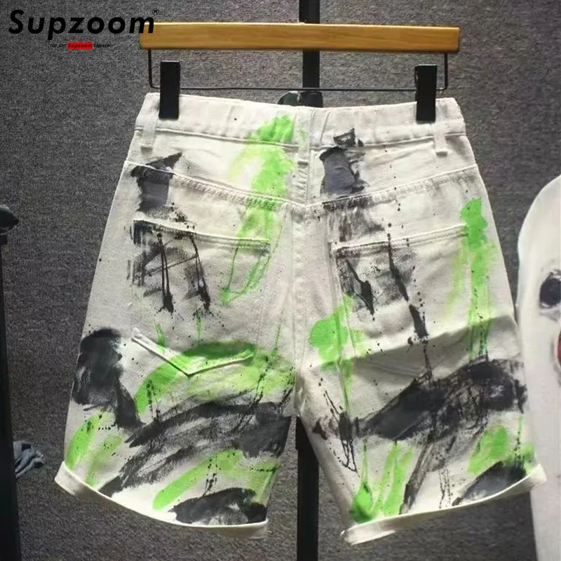 Casual Summer Splash Ink Denim Hand-painted Graffiti Loose Straight Shorts Men