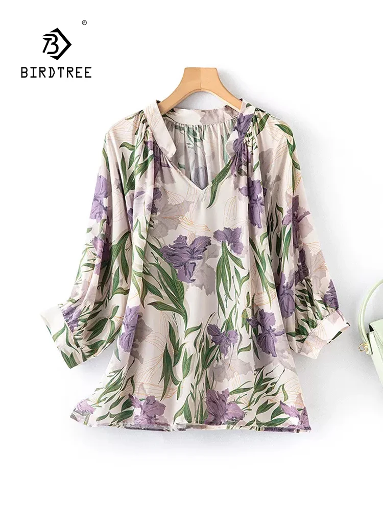 Элегантная-рубашка-birdtree-из-100-натурального-шелка-женская-блузка-с-рукавом-3-4-и-v-образным-вырезом-модная-литературная-блузка-ol-Новинка-лета-2024-t453124qc