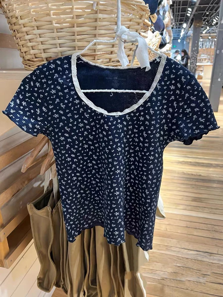 2024 Vintage Cotton Shorts Women Casual Blue Floral Print Elastic Waist Shorts Summer Y2k Streetwear Slim Cute Home Short Pants