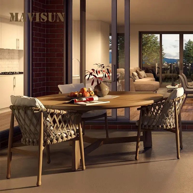 Country Style Dining Table Set For Outdoor Courtyard Villa Leisure Solid Wood Rattan Chair Terrace Dining Room Furniture