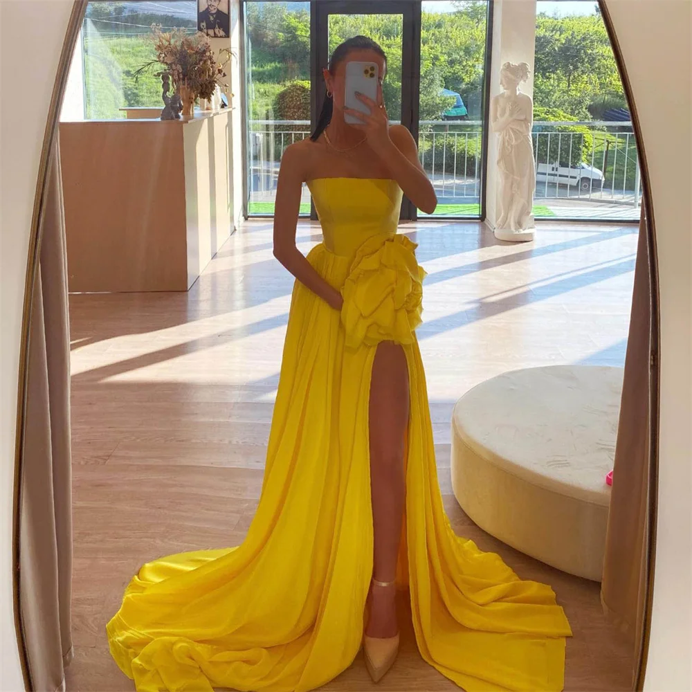 

Lily Yellow Stain Elegant Sexy Wedding Party Dress 3D Flower Celebrity Dresses A Line Special Occasion Dresses robes du soir