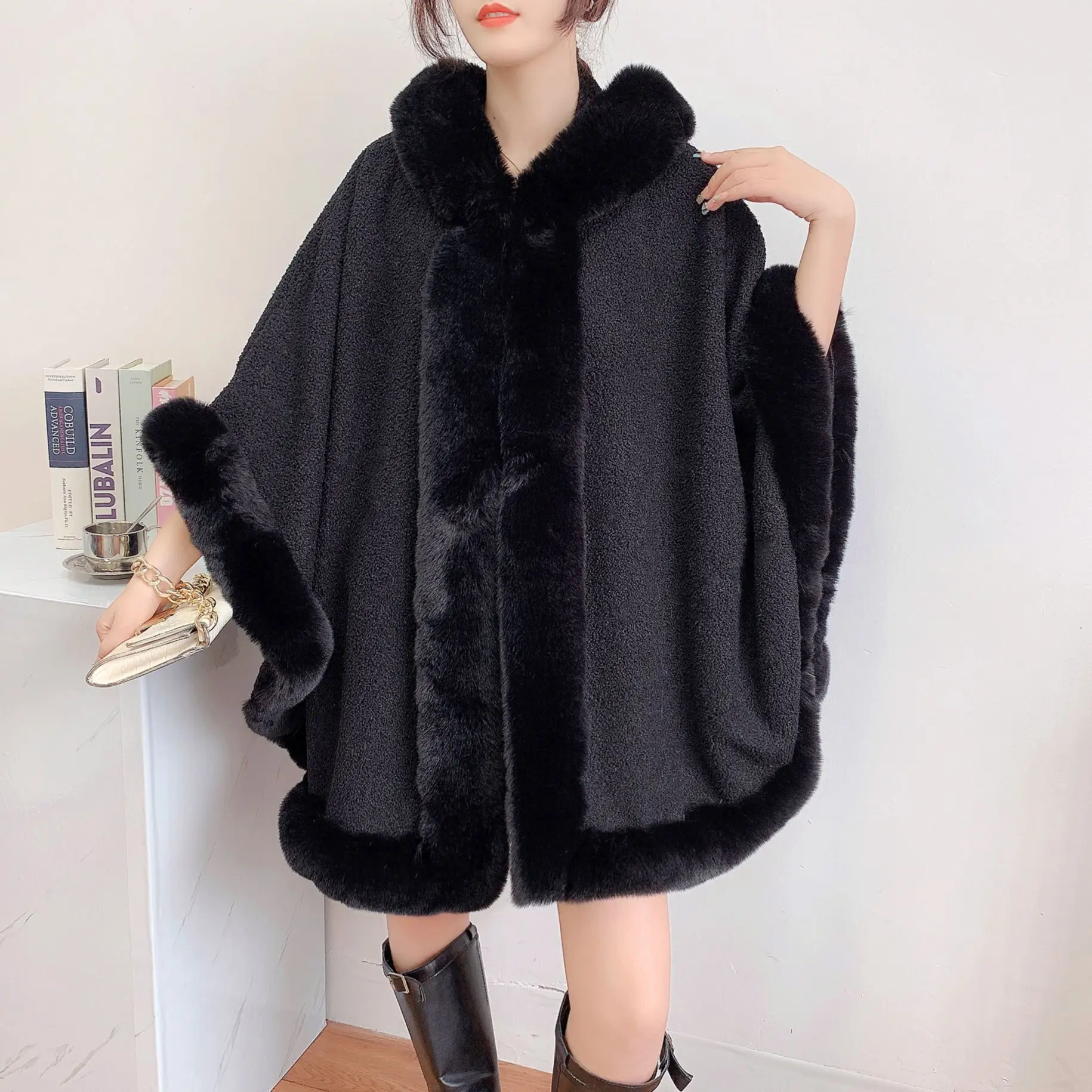 Winter Thick Warm Shawl Party Outer Wear Cloak With Hat Women Long Faux Rabbit Fur Big Collar Granular Velvet Loose Capes Coat