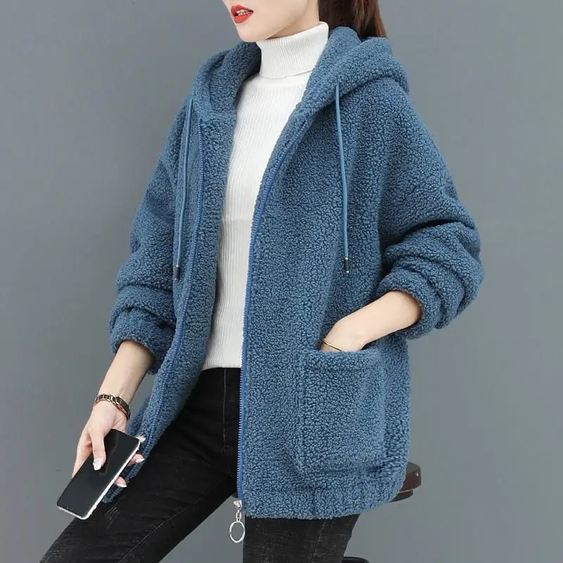 

Solid color lamb cashmere cardigan sweater for women, plush and thick autumn and winter hooded and minimalist jacket for women