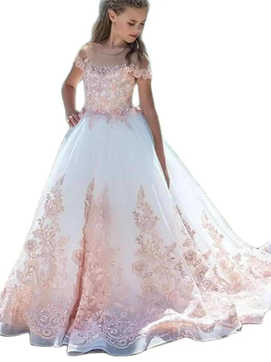 

Fluffy Lace powder blusher Pink Decal One Shoulder Sleeveless Flower Girl Wedding Flower Girl Birthday Party Dress