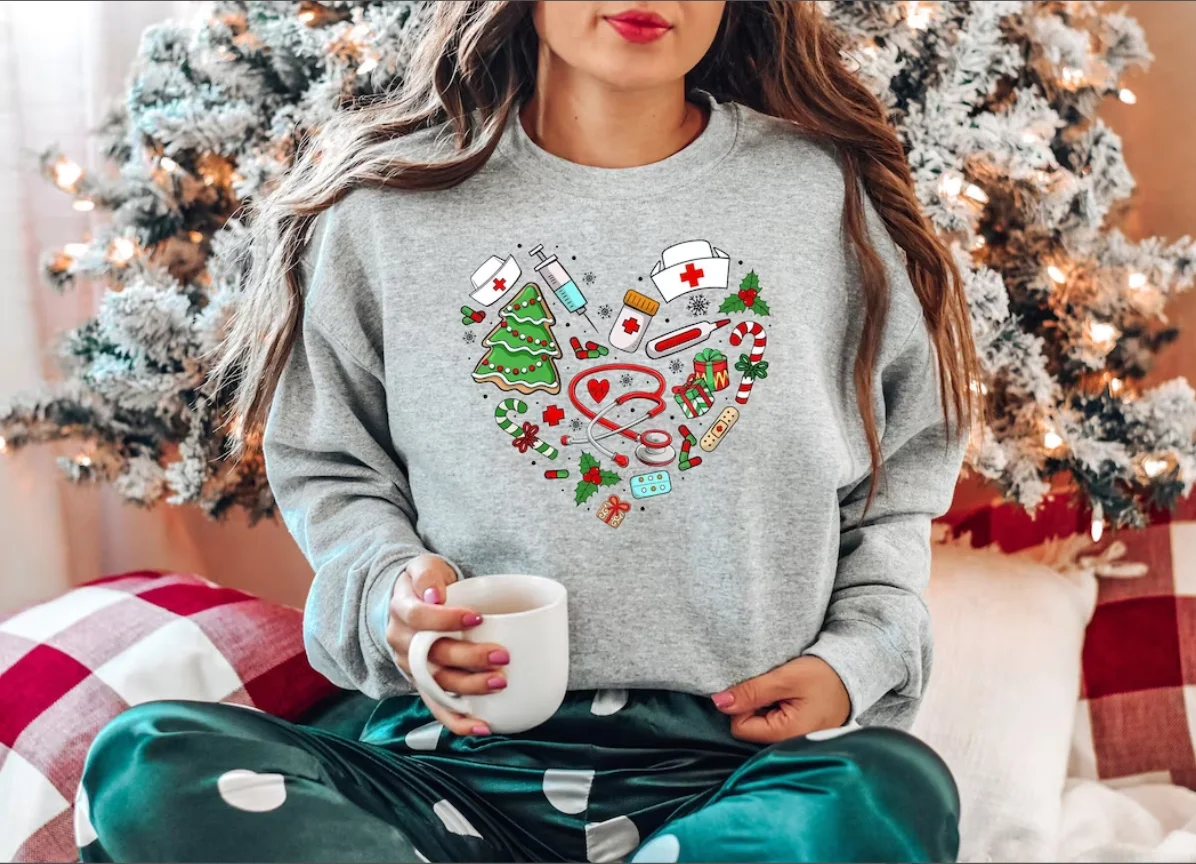 Nurse Christmas Sweatshirt, Holiday Nurse Casual Long Sleeve Crew Neck Pullover Top Xmas Gift for Her Women'S Clothing Offers