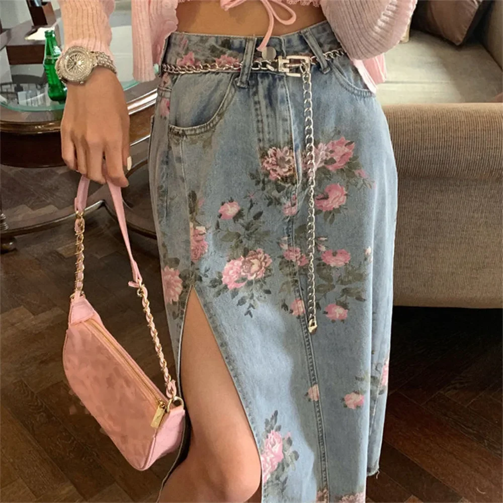 

Женская джинсовая юбка с цветочным принтом, длинная облегающая юбка из денима с высокой талией и разрезом, модель P518 в винтажном стиле на лето