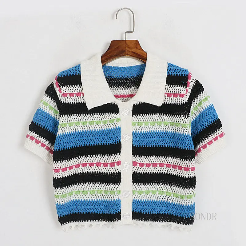 

Polo Collar Striped Cardigan shirt Short Sleeve Short Top Women's Summer New Hollow Out Color Matching Knitted Cardigan