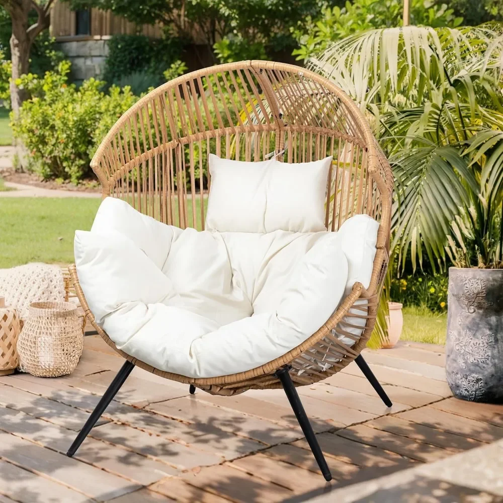 Wicker Egg Chair PE Rattan Chair with Cushion,Oversized Patio Lounge Chair for Outdoor, Indoor, Balcony, Backyard, Garden, Beige 3