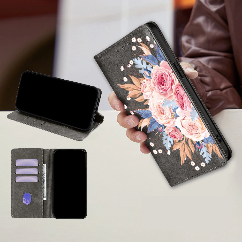 Floral Magnetic Leather Flip Wallet Case with Card Slots and Holster