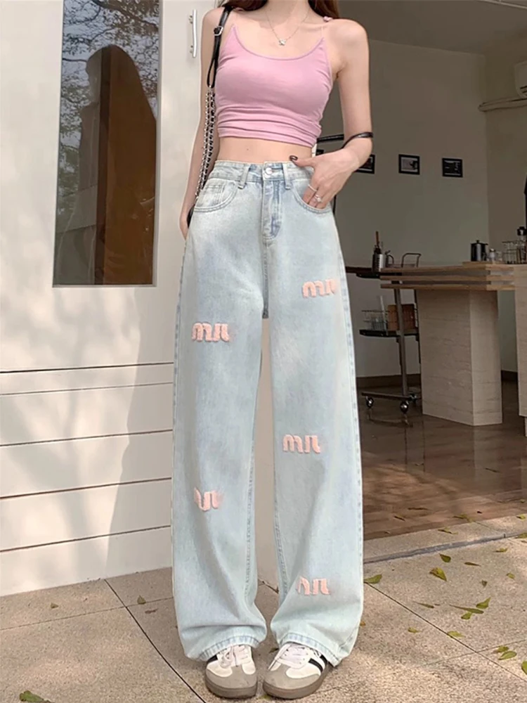 

Blue Women Jeans Streetwear Vintage Fashion High Waisted Wide Leg Jean Female Trouser Letter Hip Hop Baggy Black Denim Pants