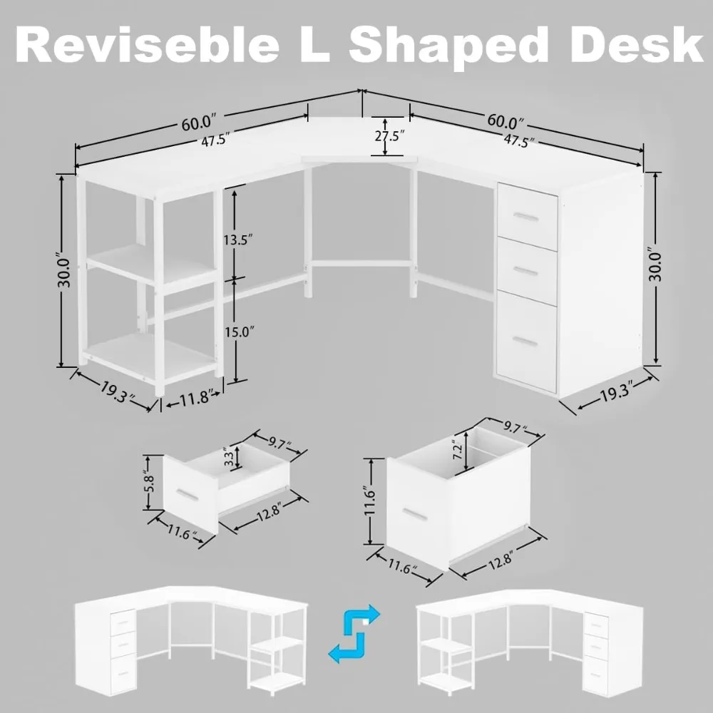 White L Shaped Corner Desk with Drawers, Reversible Modern L-Shaped Computer Desk with Storage Cabinet Shelves, Large Wood L 2