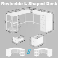 White L Shaped Corner Desk with Drawers, Reversible Modern L-Shaped Computer Desk with Storage Cabinet Shelves, Large Wood L 2
