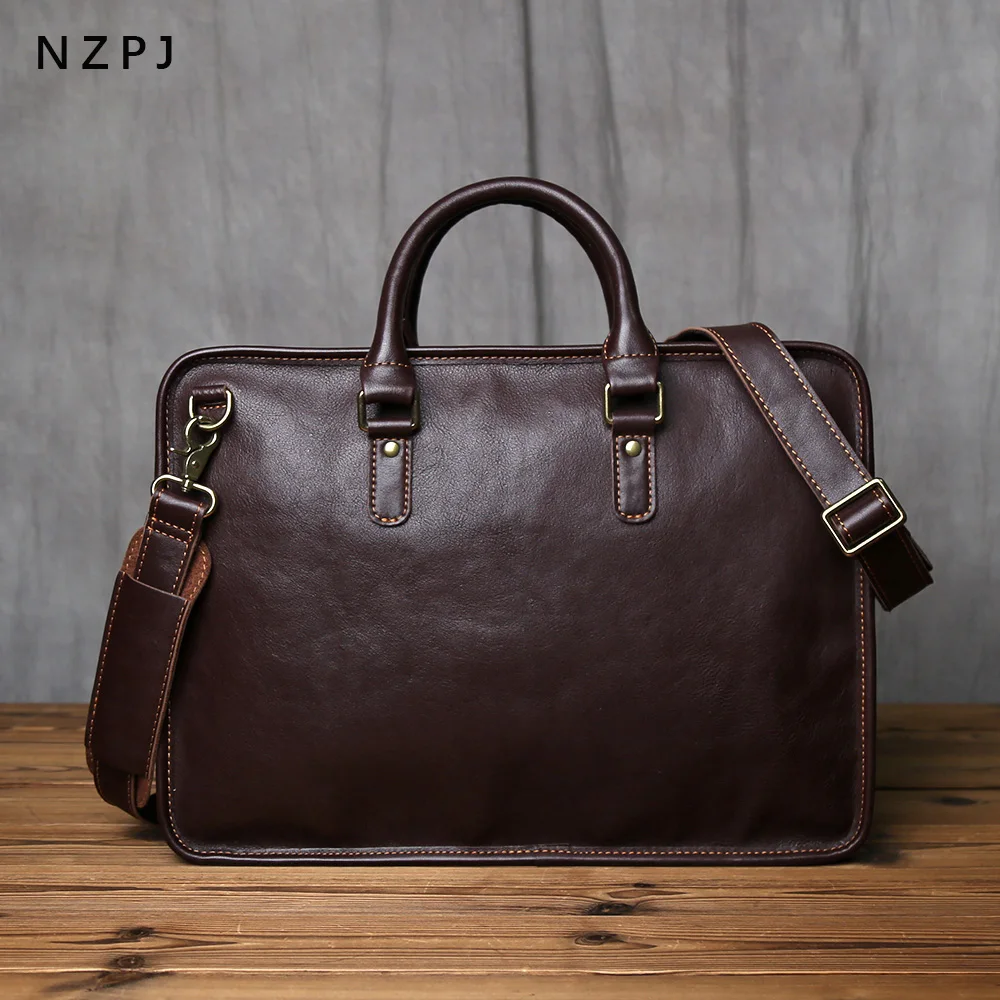 NZPJ Vintage Large Capacity Genuine Leather Men's Briefcase Top-Grain Cowhide Handbag Casual Business Bag  For 16-Inch Laptops