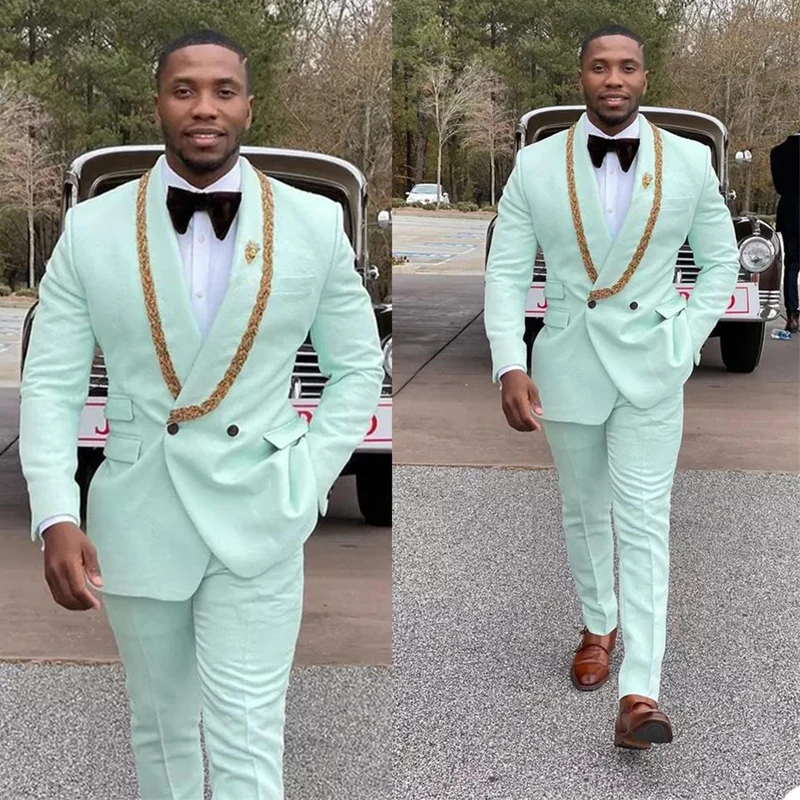 

Mint Greem Slim Fit Wedding Tuxedos Double Breasted Shawl Lapel Jacket Pants Customise Groom Wears