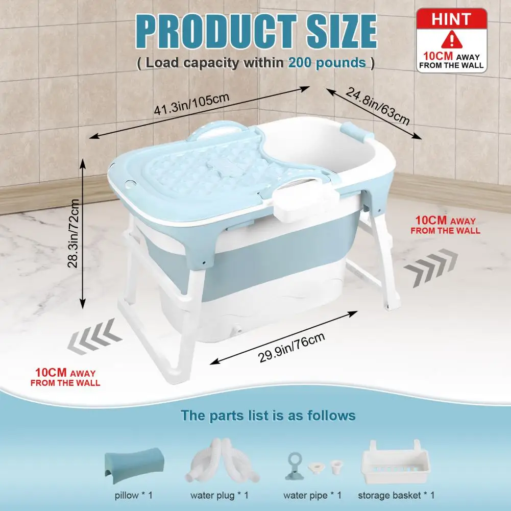 39" Portable Folding Bathtub Large Collapsible Tub Small Foldable Tub with Ergonomic Seat & Massage Roller Collapsible