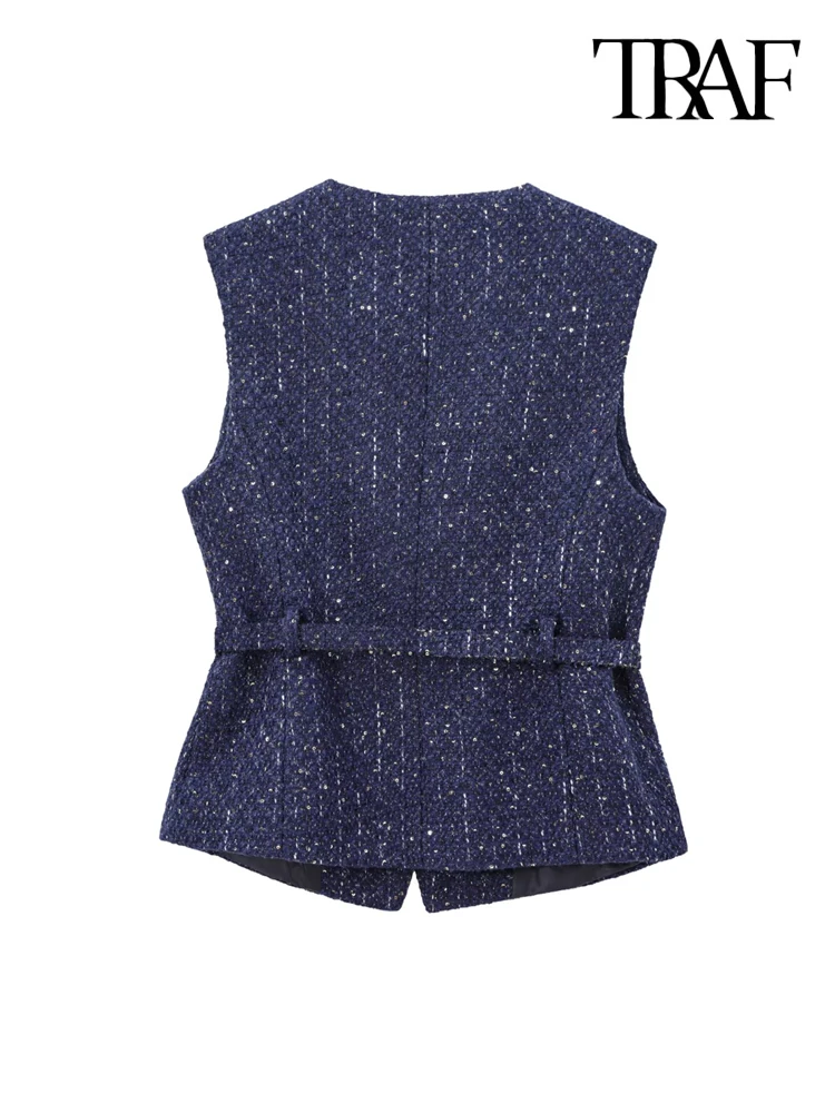 TRAF-Women's Tweed Waistcoat with Belt, O Neck, Sleeveless, Front Button, Female Outerwear, Chic Tops, Fashion 2