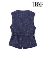 TRAF-Women's Tweed Waistcoat with Belt, O Neck, Sleeveless, Front Button, Female Outerwear, Chic Tops, Fashion 2